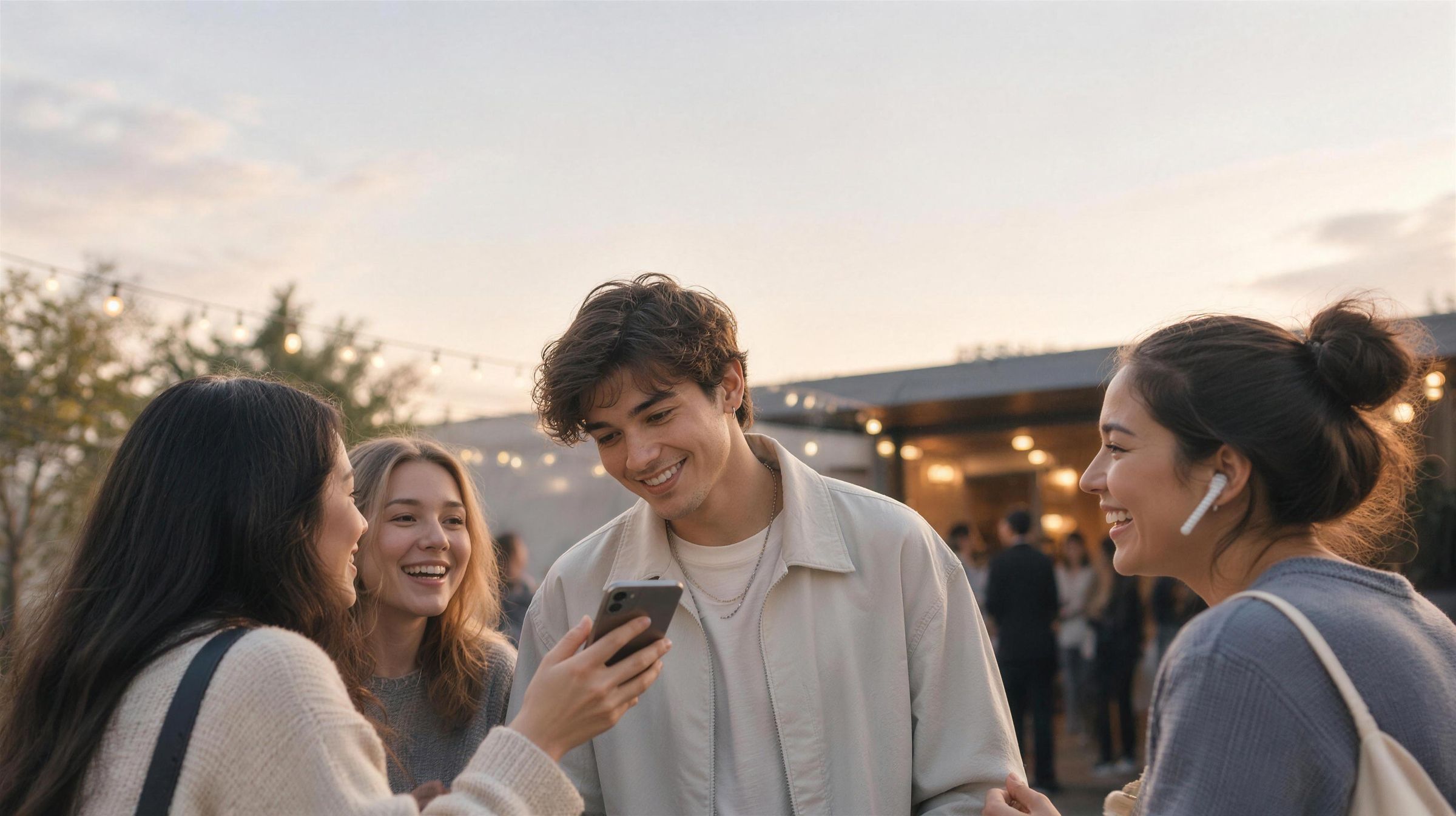 A music artist smiling with fans outside a concert venue while one fan shows him a phone