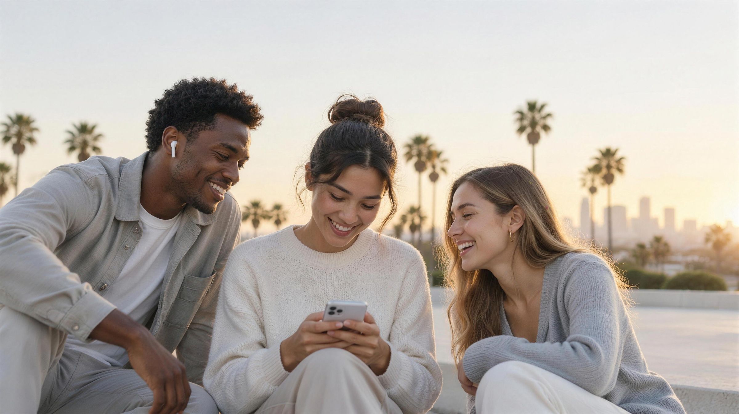 Three friends in Los Angeles at golden hour, one texting on a phone while another wears wireless earbuds