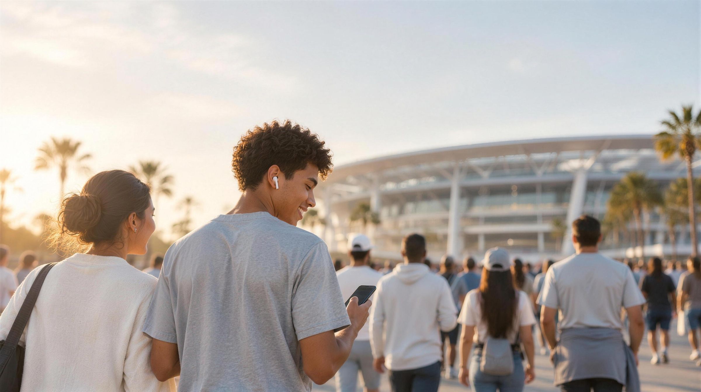 Fans walking toward a stadium at golden hour, one checking a phone with wireless earbuds in